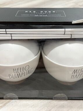 Rae Dunn Enchante Lidded Noodle Bowl Set w/ Chopsticks White Melamine NIB